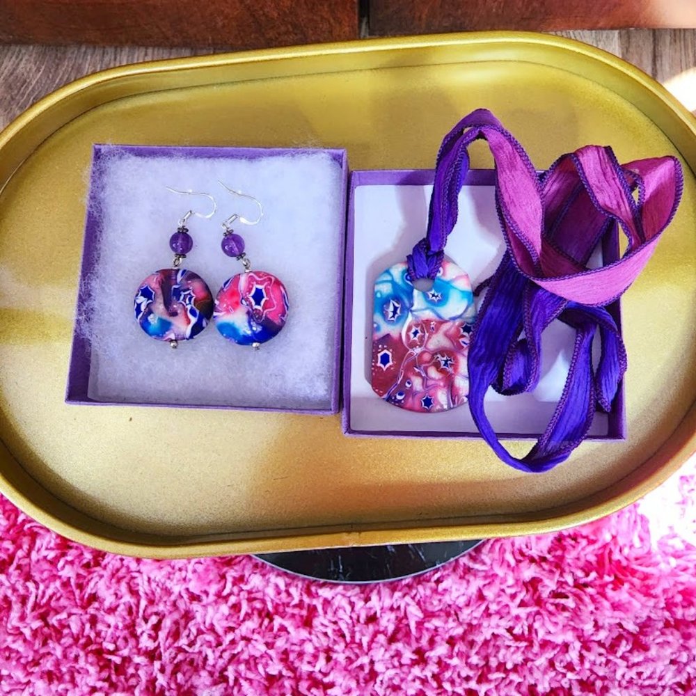 Large Handmade colorful funky earrings and necklace set
